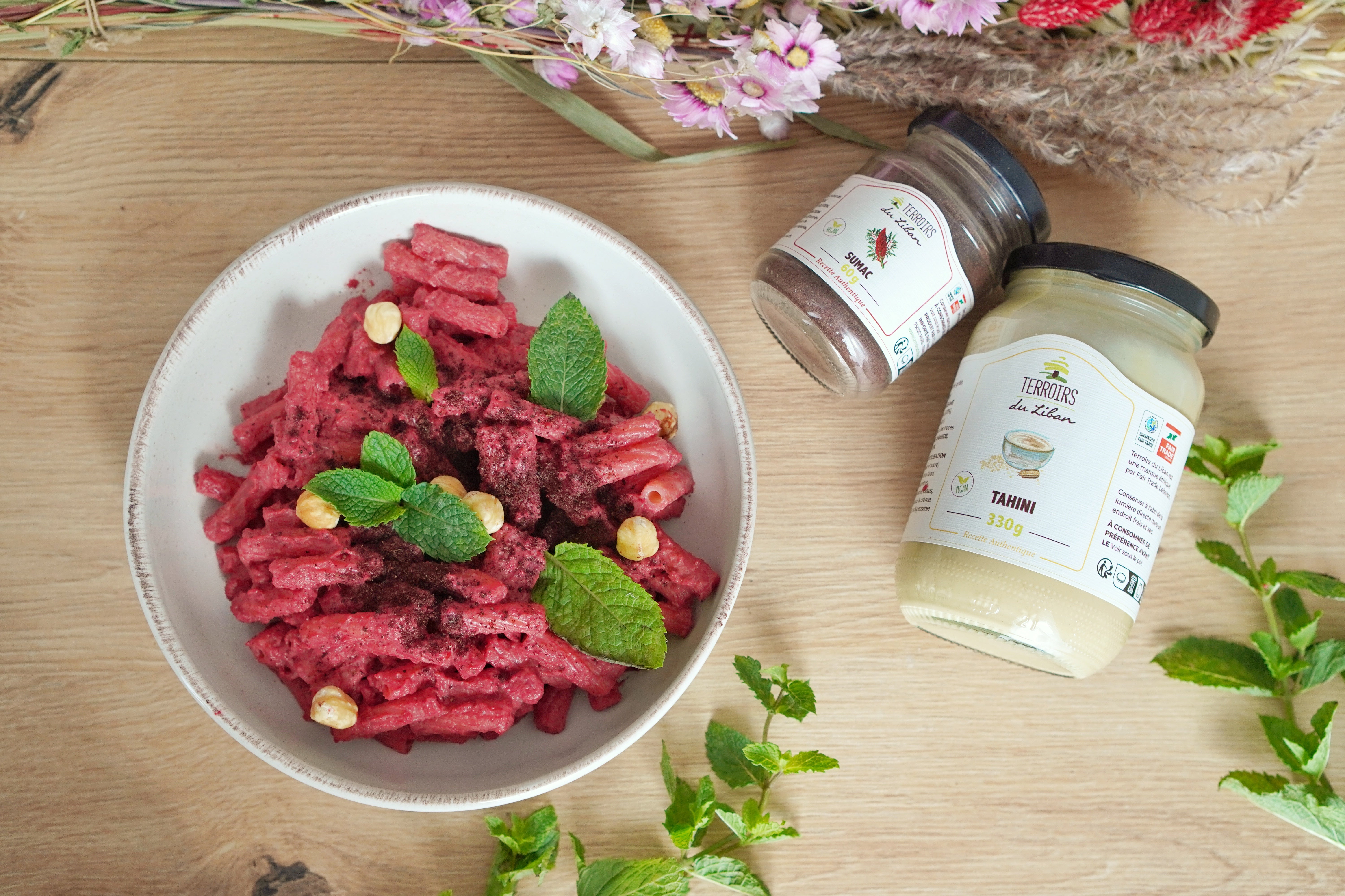 Pink Beetroot Pasta with Tahini & Sumac