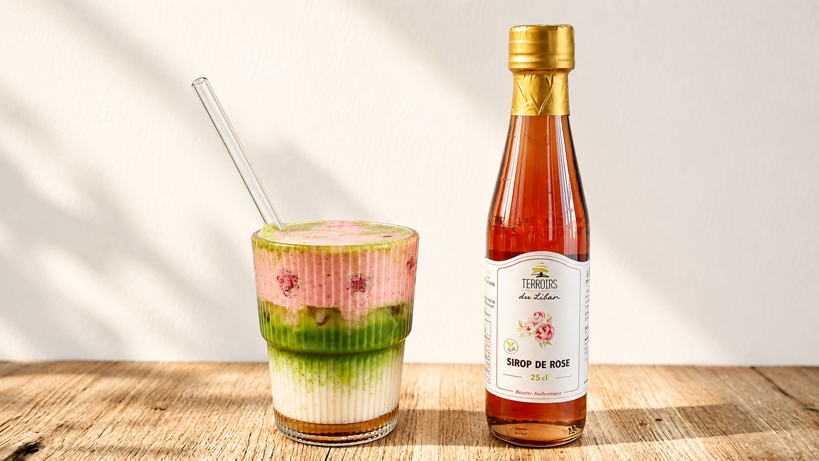 Iced Matcha with Rose Syrup & Strawberry Foam