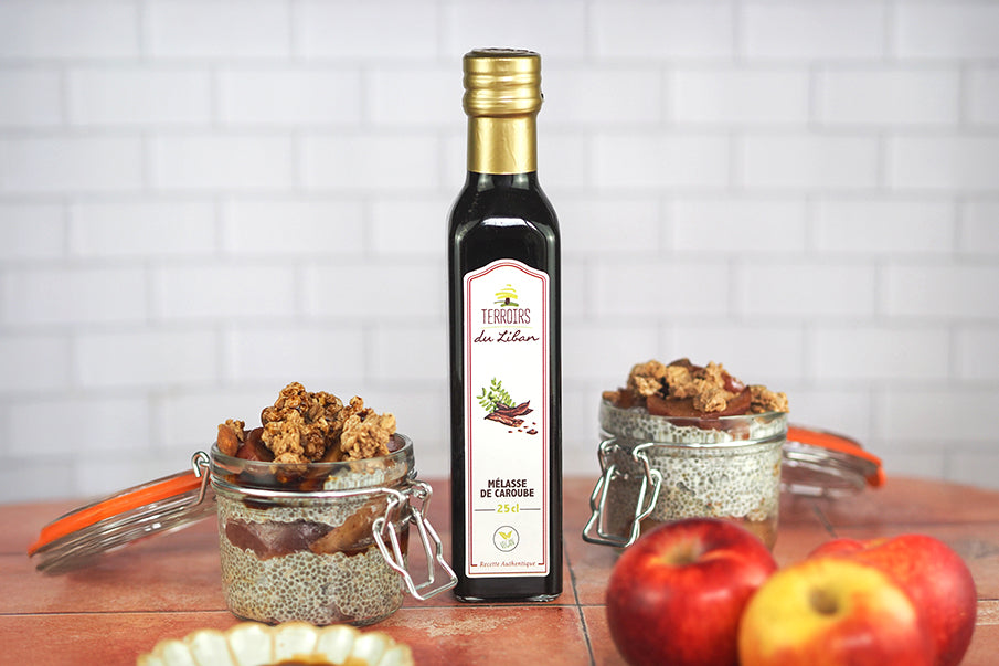 Chia Pudding with Carob Molasses and Apples