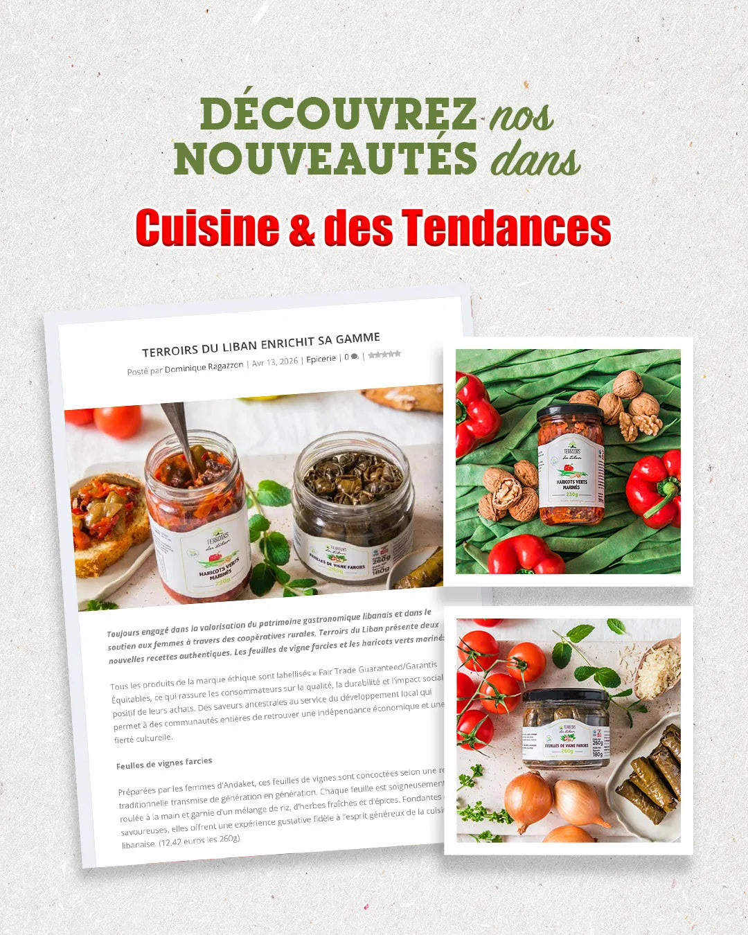 Terroirs du Liban Stuffed Vine Leaves featured in Cuisine & Tendances
