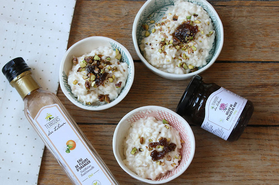 Rice Pudding with Orange Blossom Water and Rose Petals Jam