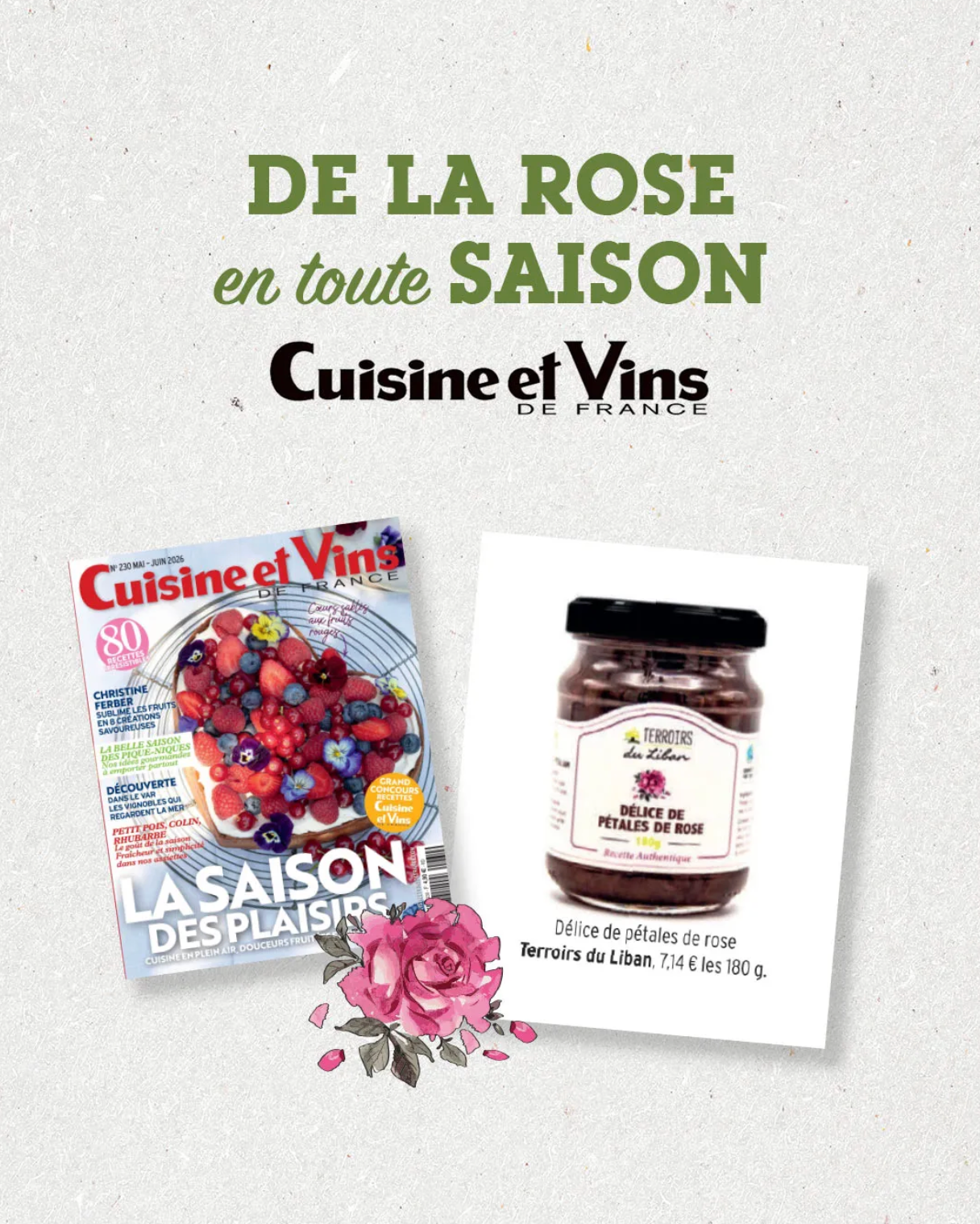 Terroirs du Liban's Rose Petals Jam featured in the pages of Cuisine et Vins de France